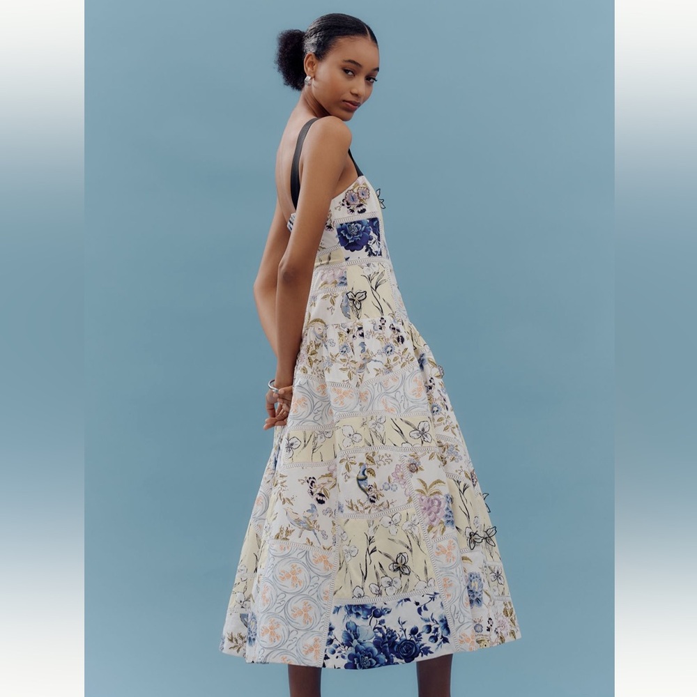Maeve Cotton Sleeveless Square-Neck Tile Printed Patchwork Midi Dress - Picture 2 of 9